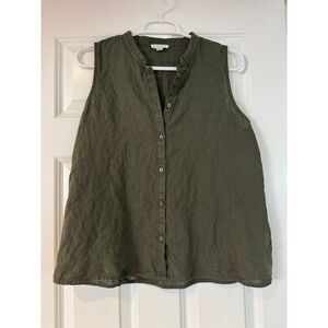 Women's EILEEN FISHER Organic Linen Button Front Tank in Olive Green Size Small